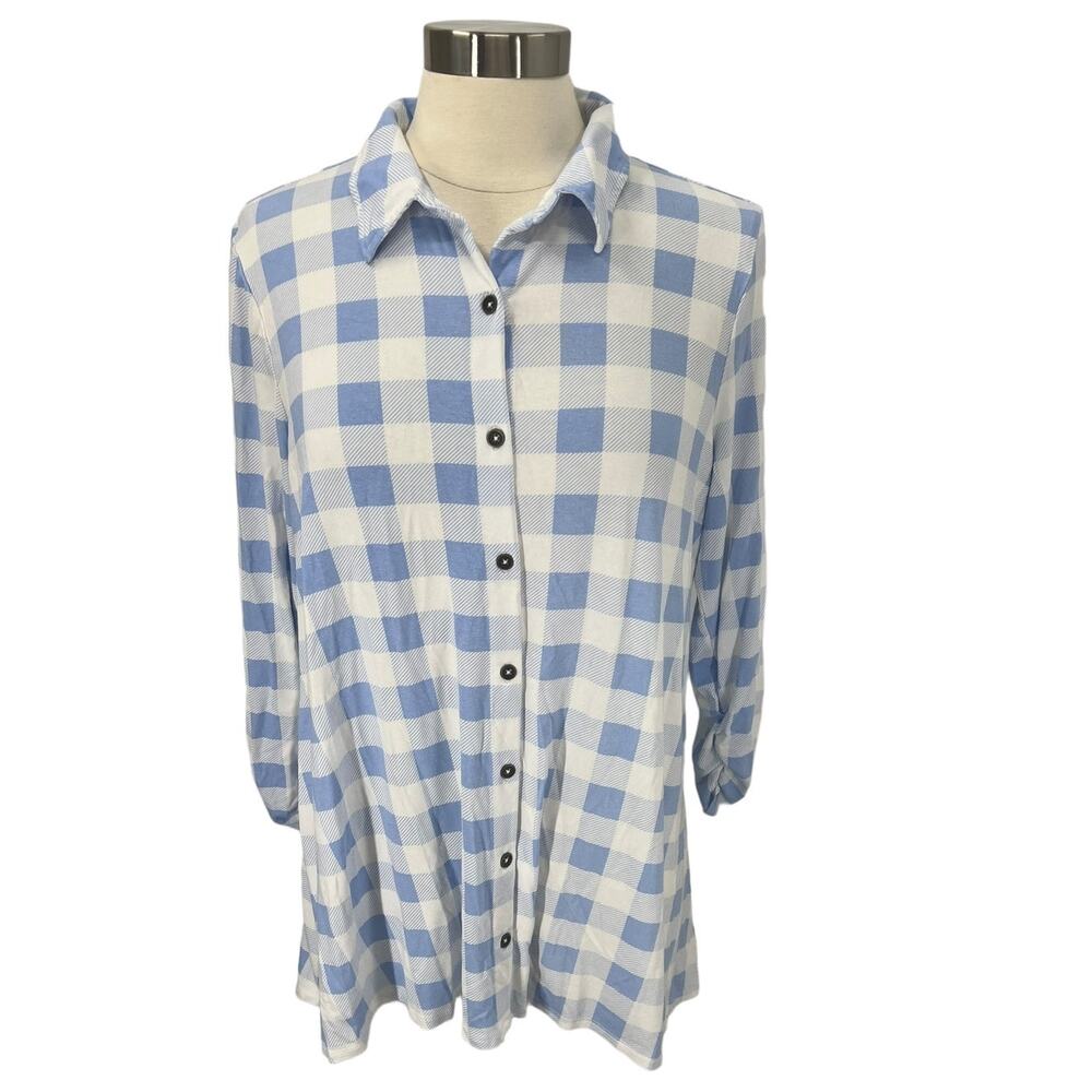 KIM ROGERS Blue & White Button Up Pajama Shirt SZ LG